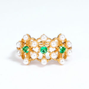 Pearl Emerald Engagement Ring Floral wedding band